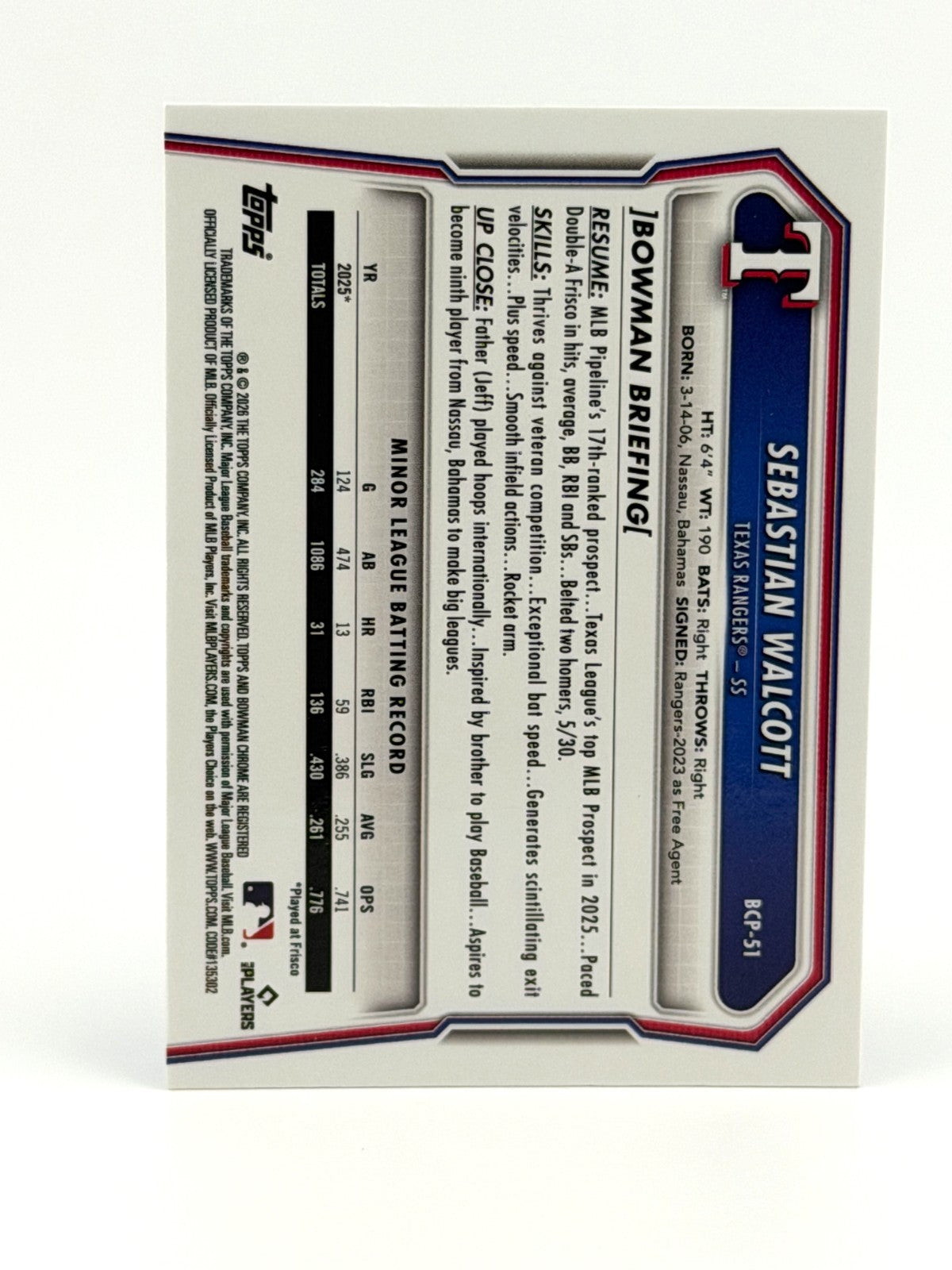 ⚾️ 2026 Bowman Chrome #BCP-58 Sebastian Walcott - Rangers