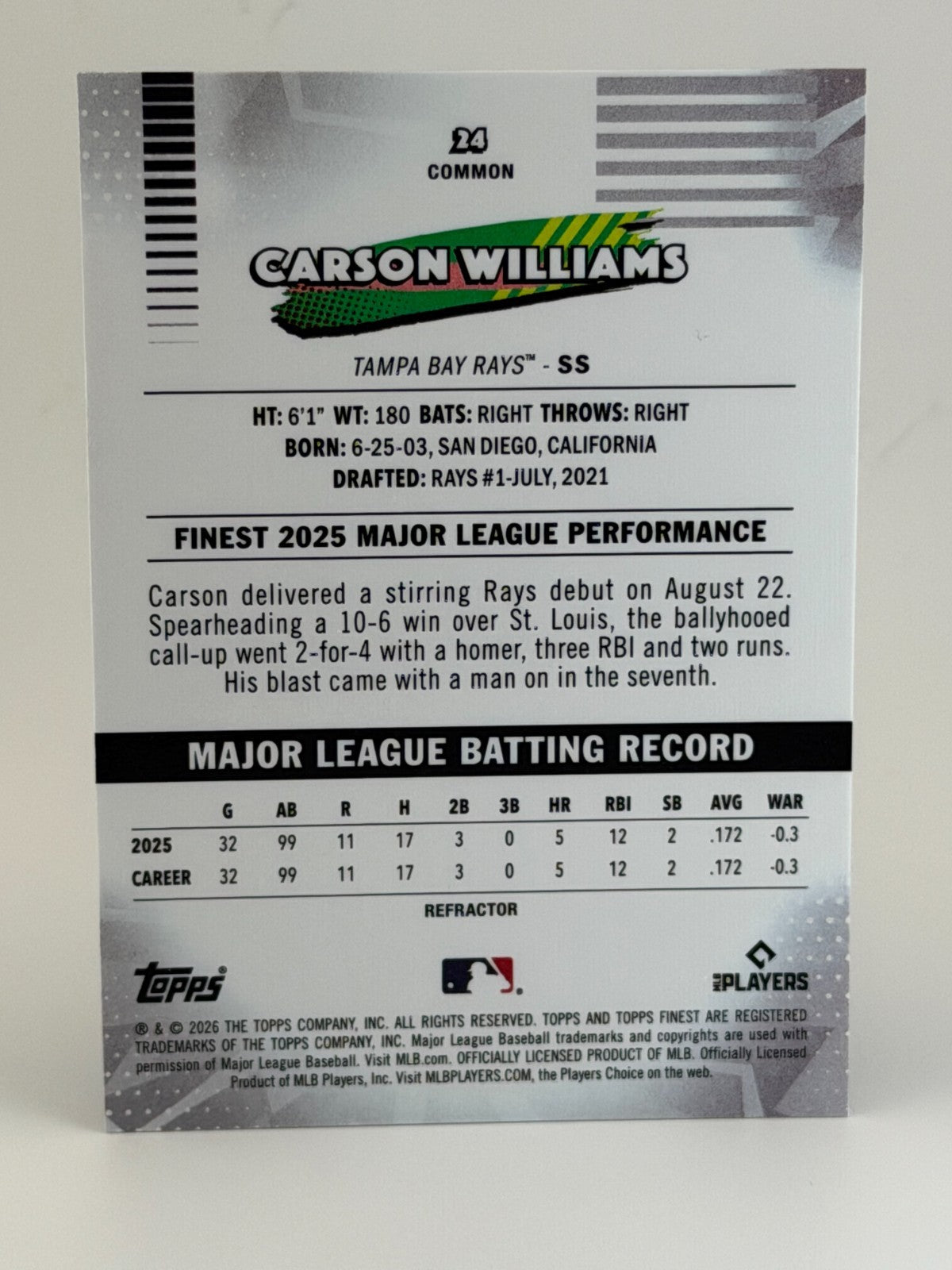 2026 Topps Finest #24 Carson Williams (RC) REFRACTOR - Rays