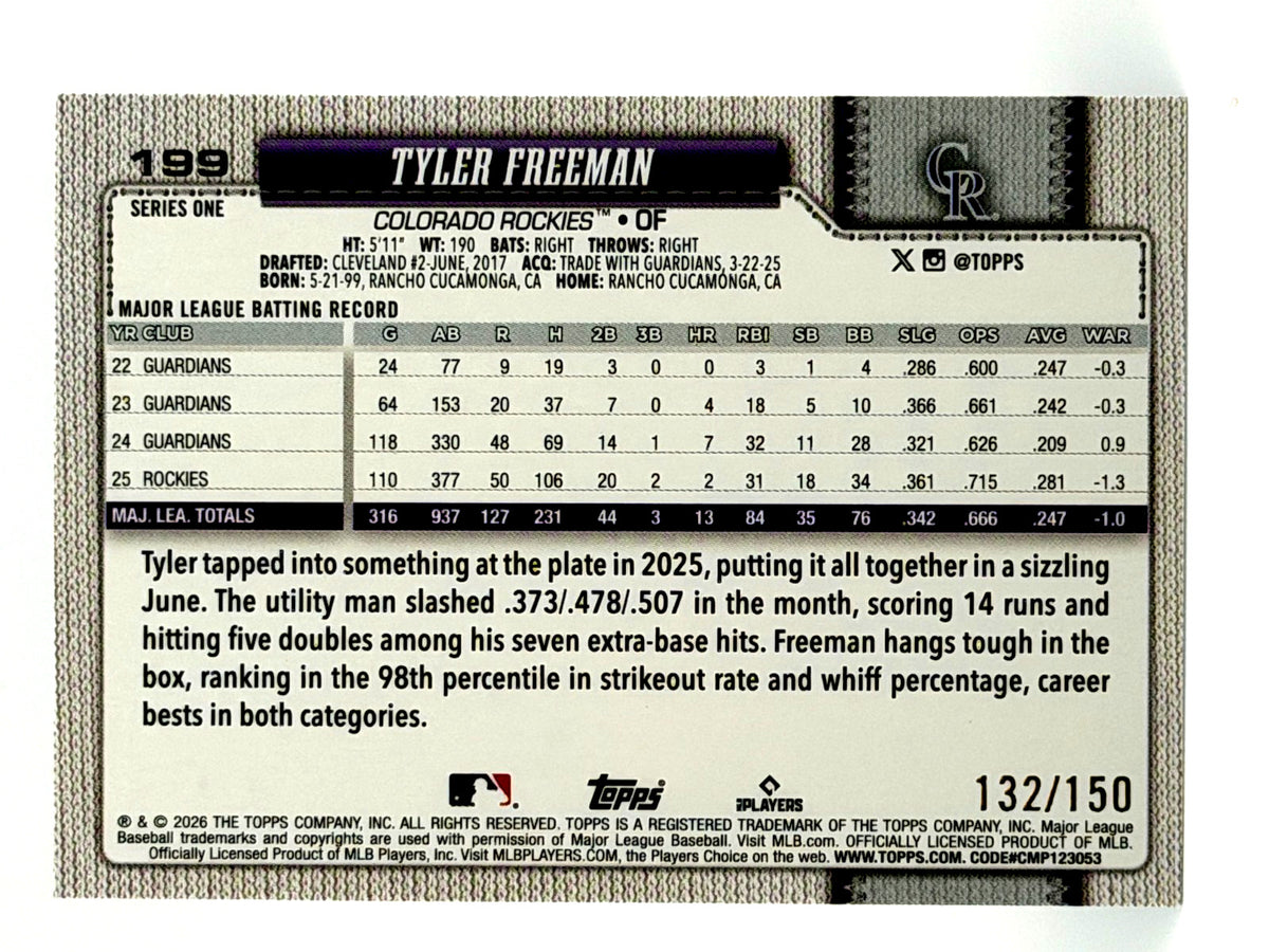2026 Topps #199 Blue Rainbow Foil (132/150) Tyler Freeman