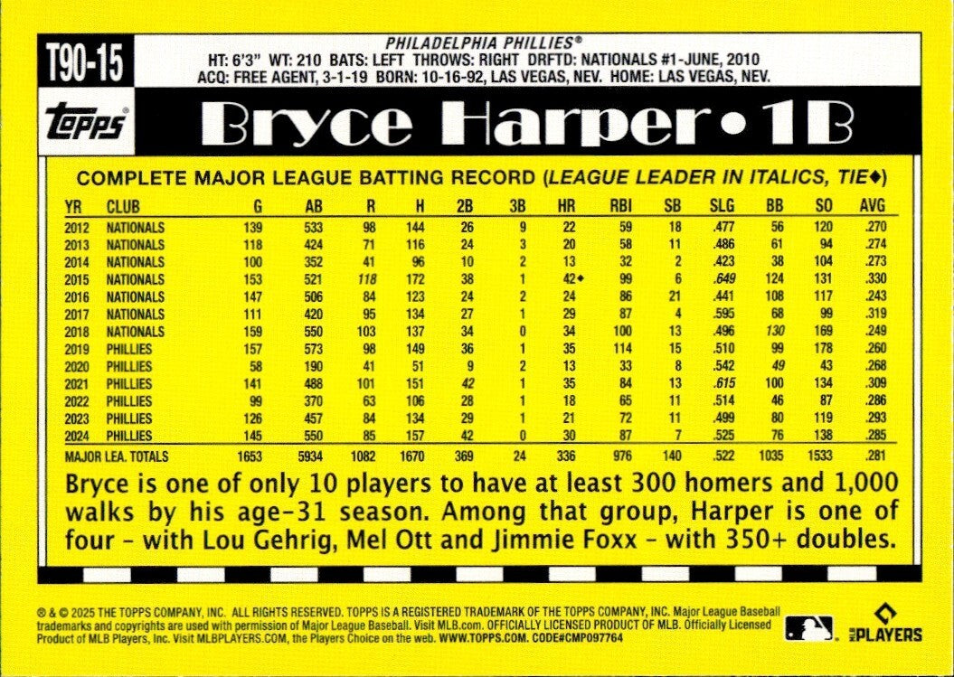 ⚾️ 2025 Topps Series 1 #T90-15 - 1990 Topps 35th Anniversary - Bryce Harper