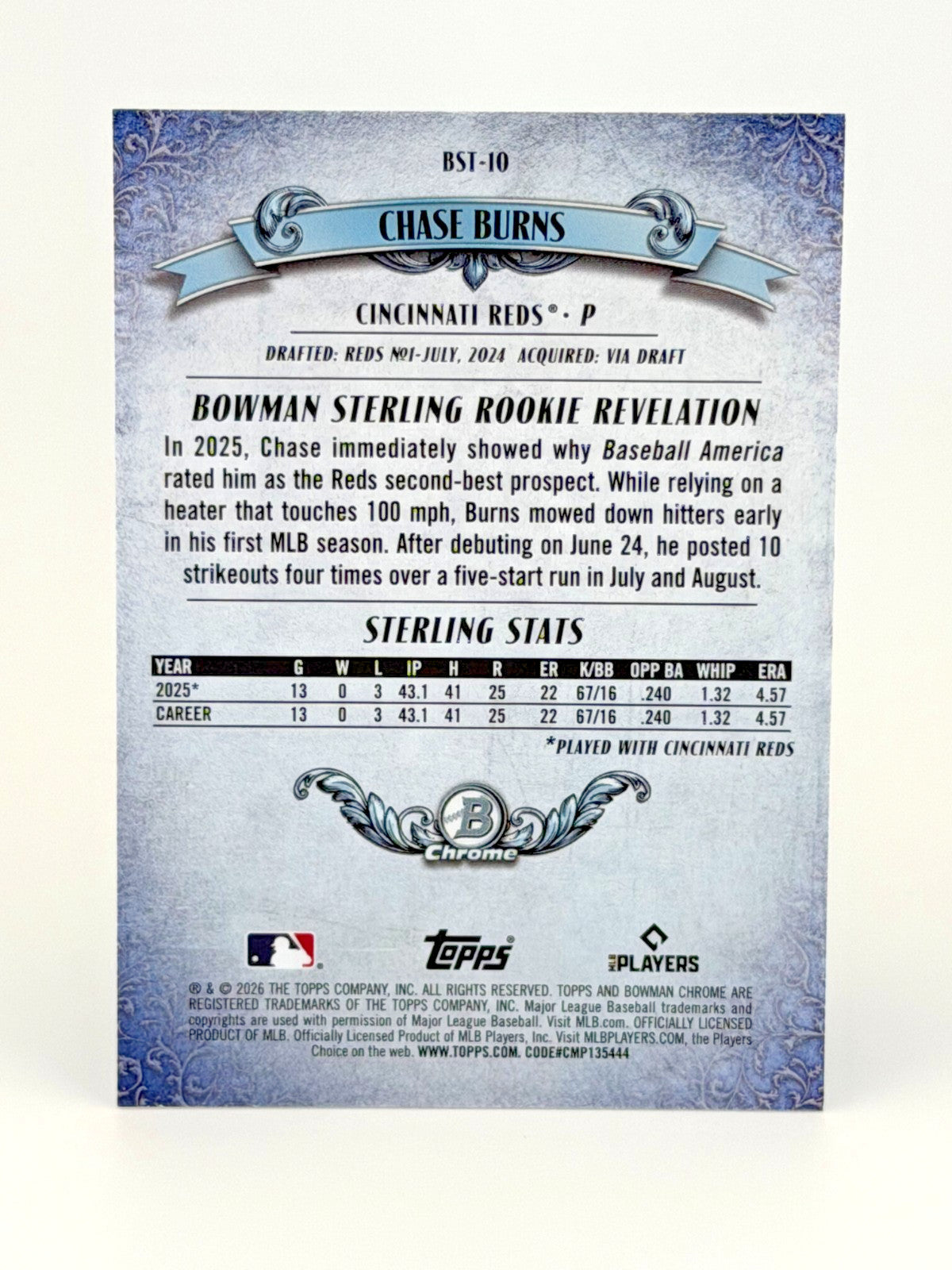 2026 Bowman Sterling Refractor - Chase Burns #BST-10