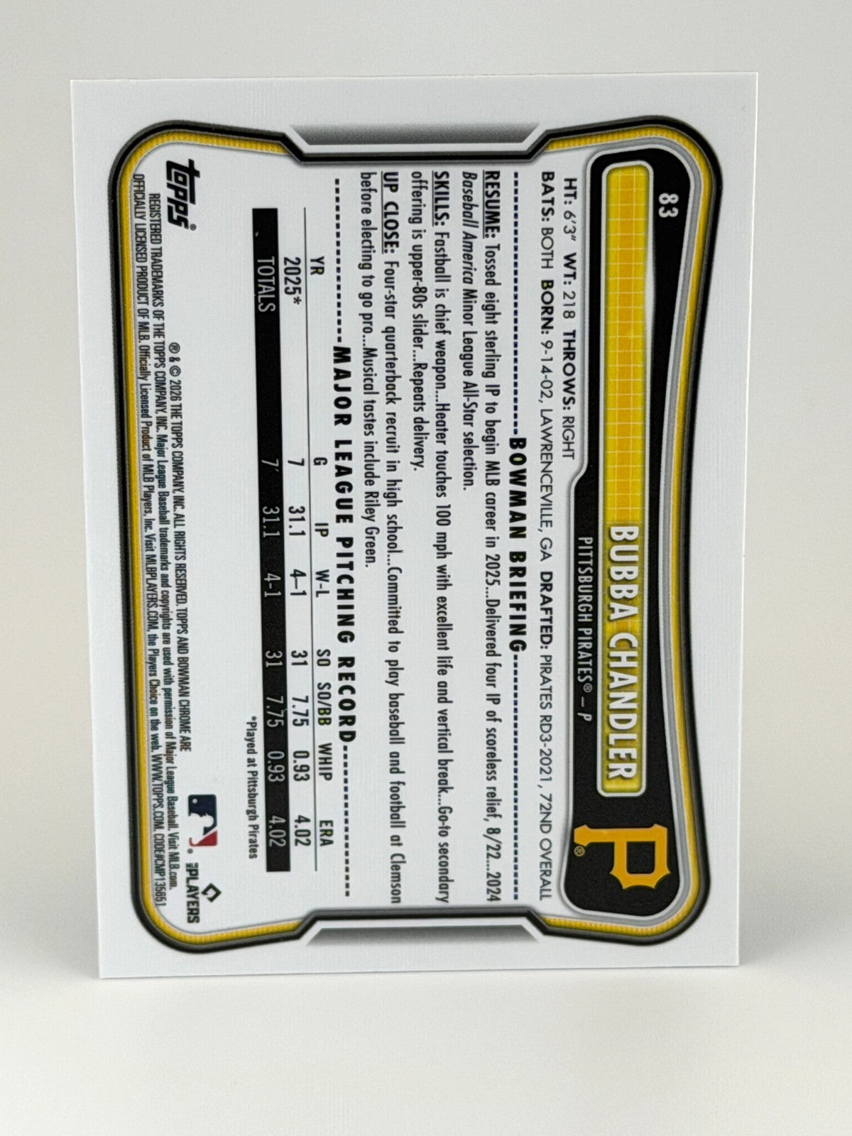 2026 Bowman Chrome - Mojo Refractor - Bubba Chandler RC Pirates