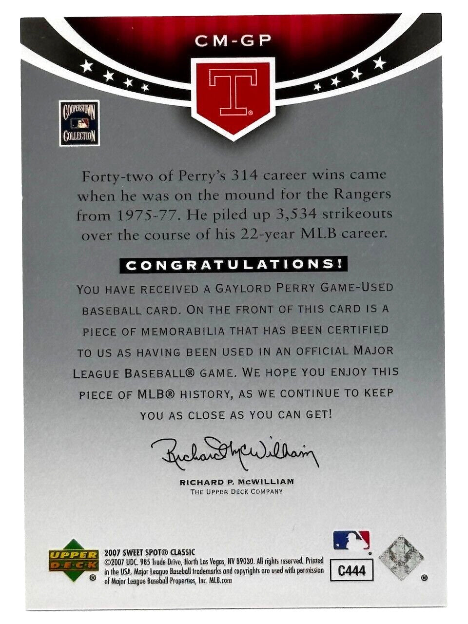 2007 UD Sweet Spot Classic #CM-GP Game-Used Memorabilia - Gaylord Perry (HOF)