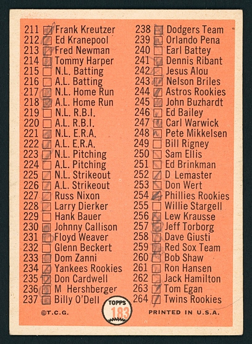 ⚾️ 1966 Topps 3rd Series Checklist #183 VGEX - Marked