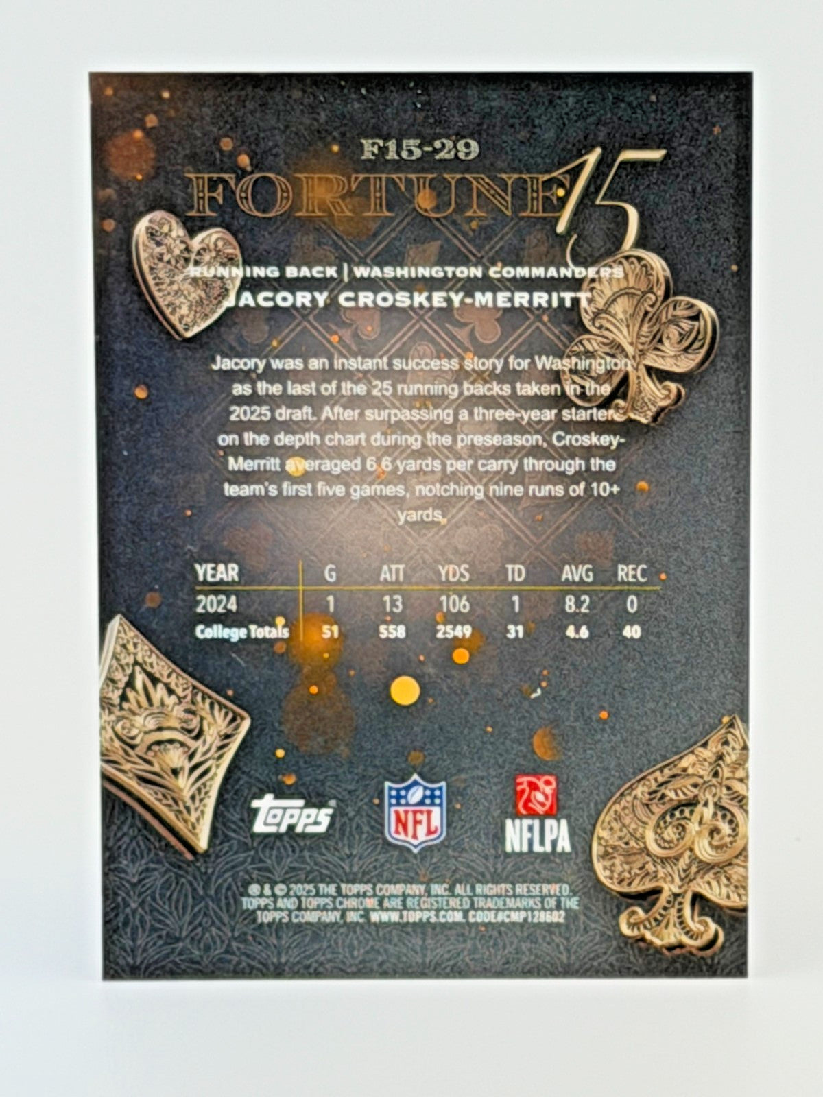 🏈 2025 Topps Chrome Football #F15-29 Fortune Insert - Jacory Crosky-Merritt RC