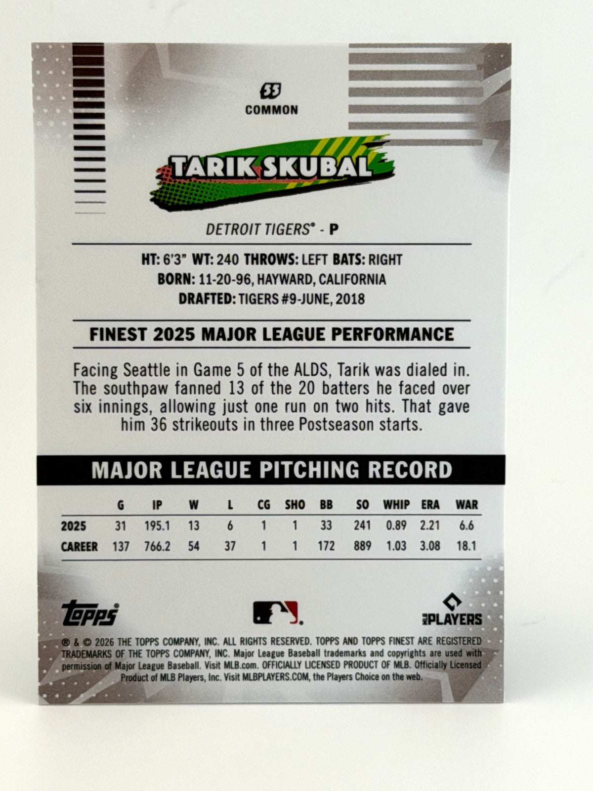2026 Topps Finest #55 Mini Diamond Refractor - Tarik Skubal - Cy Young Award