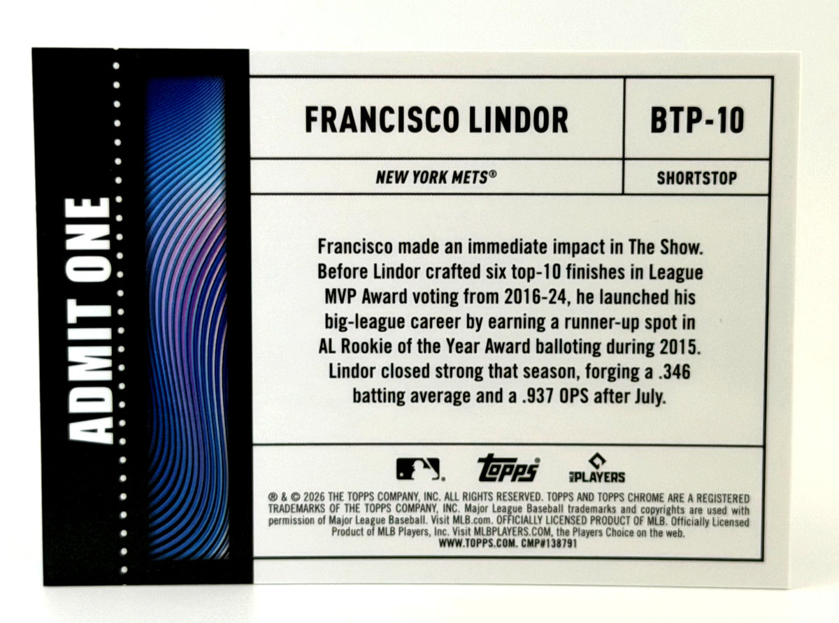 2026 Topps Chrome #BTP-10 Francisco Lindor - Big Ticket Players Refractor