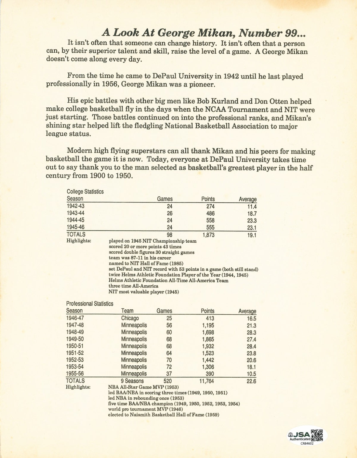 GEORGE MIKAN HOF AUTO 1990 DePaul University Jersey Retirement Ceremony JSA COA