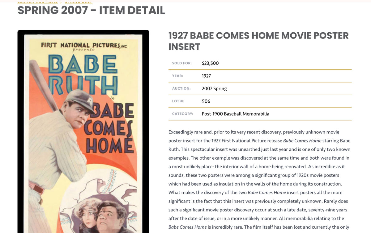 1927 BABE RUTH Vintage RESTORED Movie Poster Insert - "Babe Comes Home" RARE!