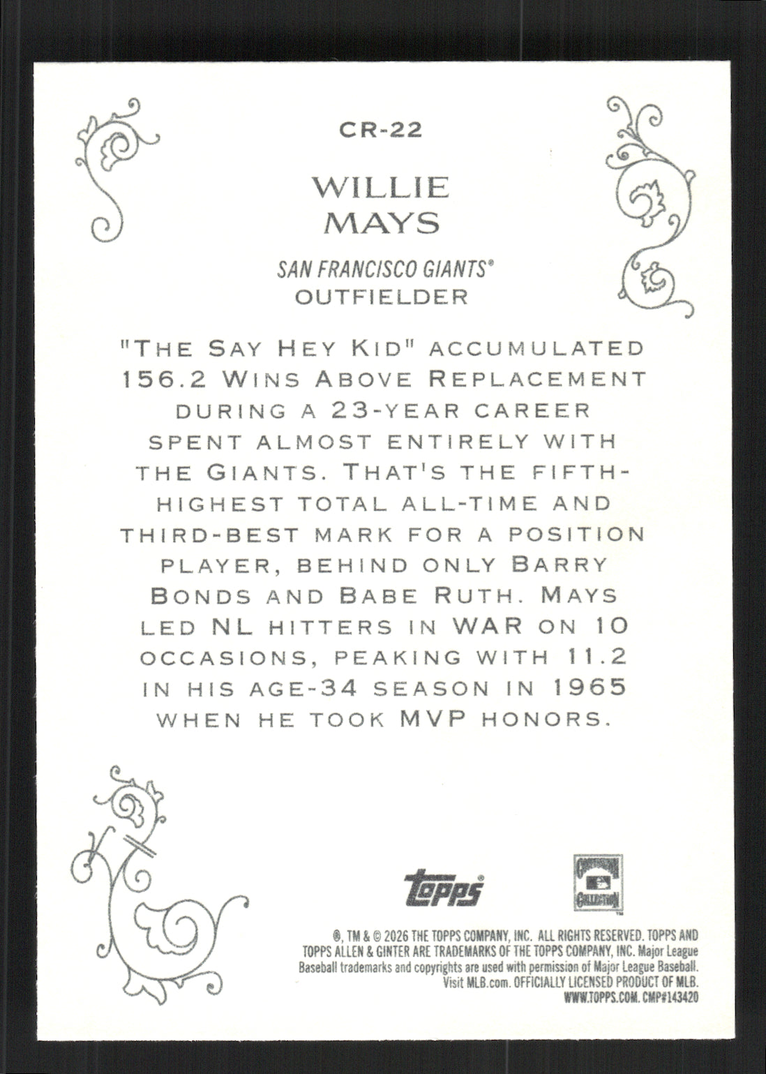 2026 Topps Allen & Ginter Willie Mays #CR-22