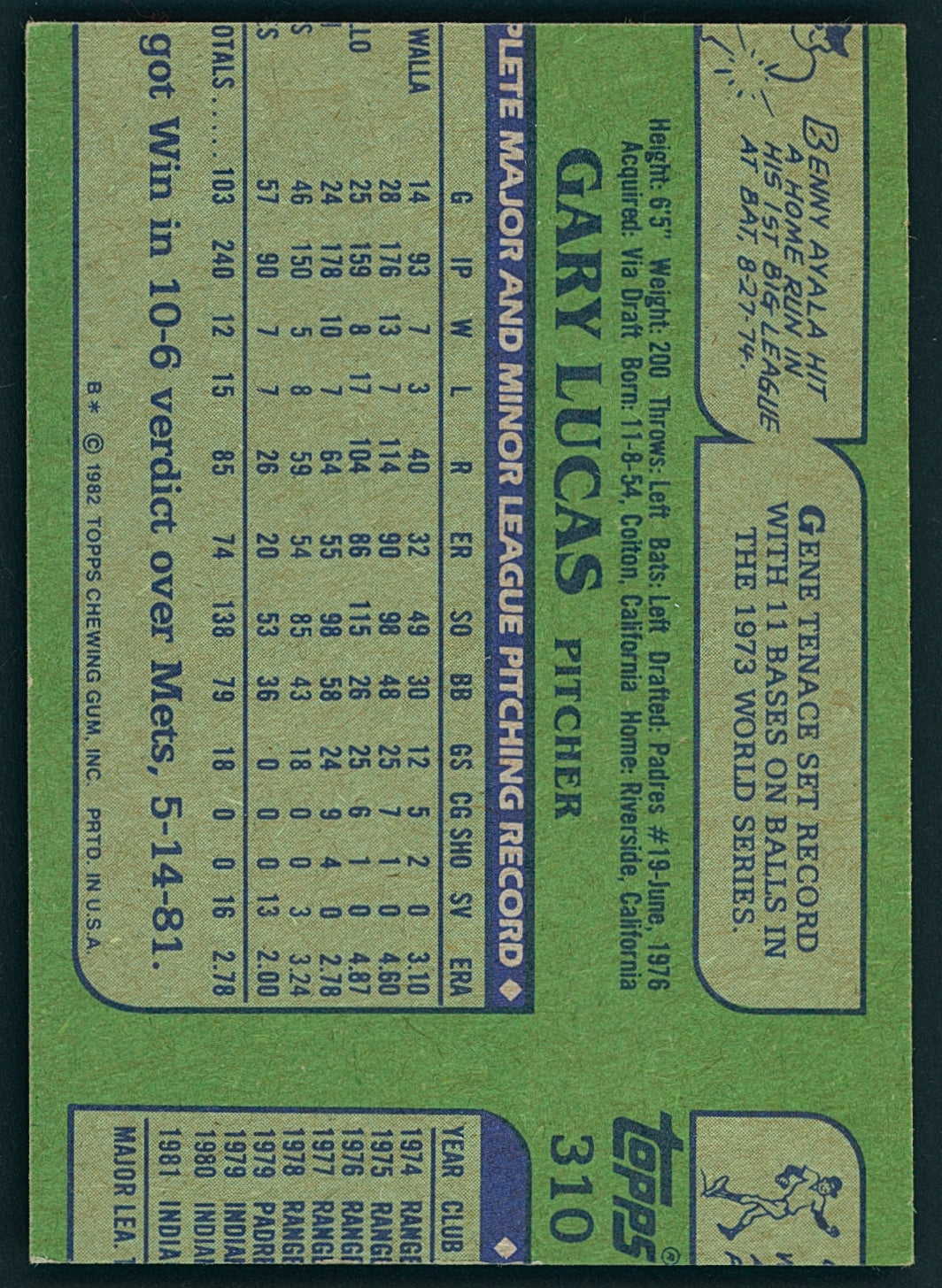 1982 Topps Gary Lucas #120 / Mike Hargrove #310 - Massive MISCUT Error