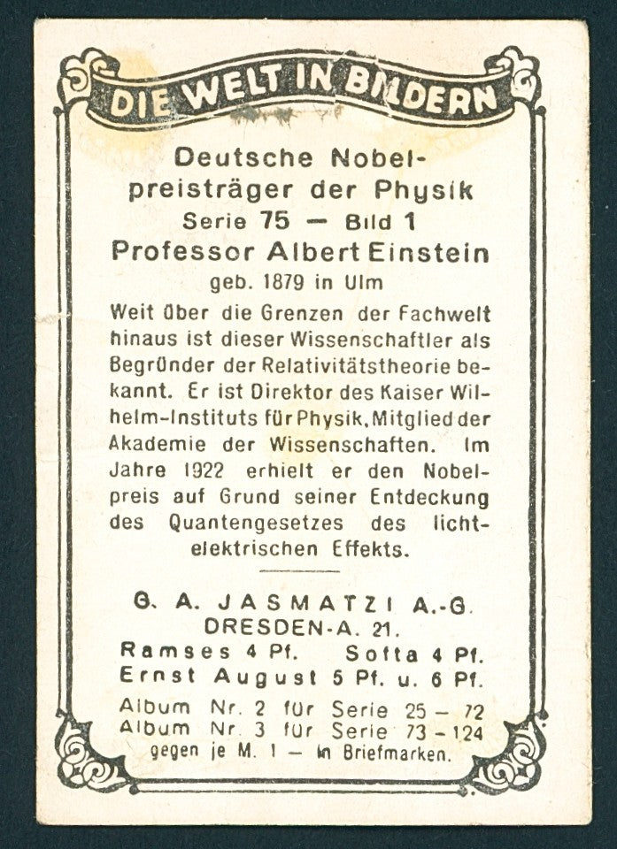 1928 Jasmatzi Die Welt In Bildern #1 Series 75 - ALBERT EINSTEIN - GD