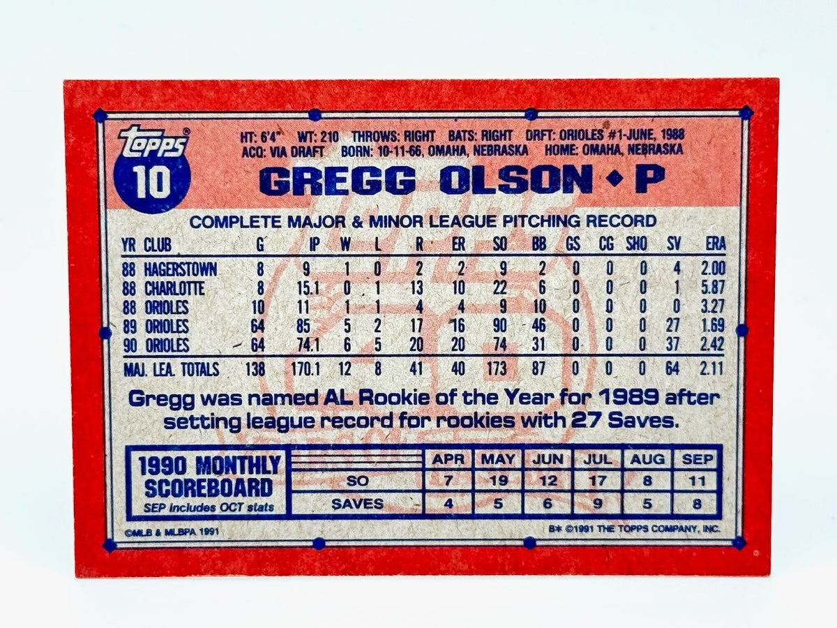 1991 Topps - **AUTOGRAPHED CARD - HARD SIGNED ** #10 Gregg Olson - Orioles