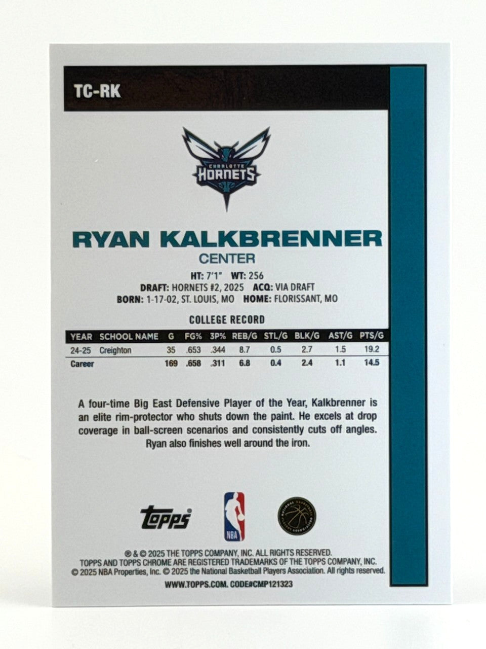 2025-26 Topps Basketball Ryan Kalkbrenner (RC) #TC-RK Chrome Mojo Refractor