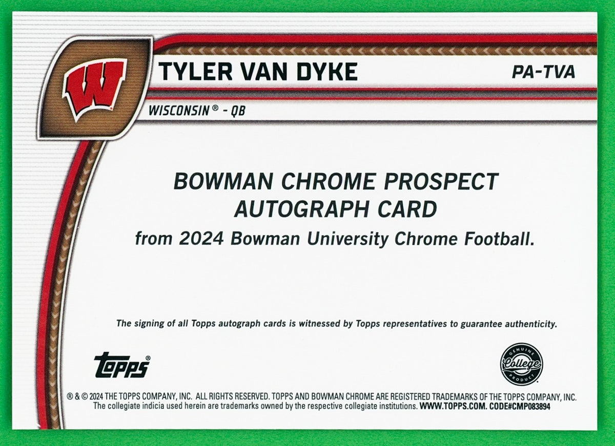🏈 2024 Bowman University Chrome Auto (AU) Tyler Van Dyke - Wisconsin