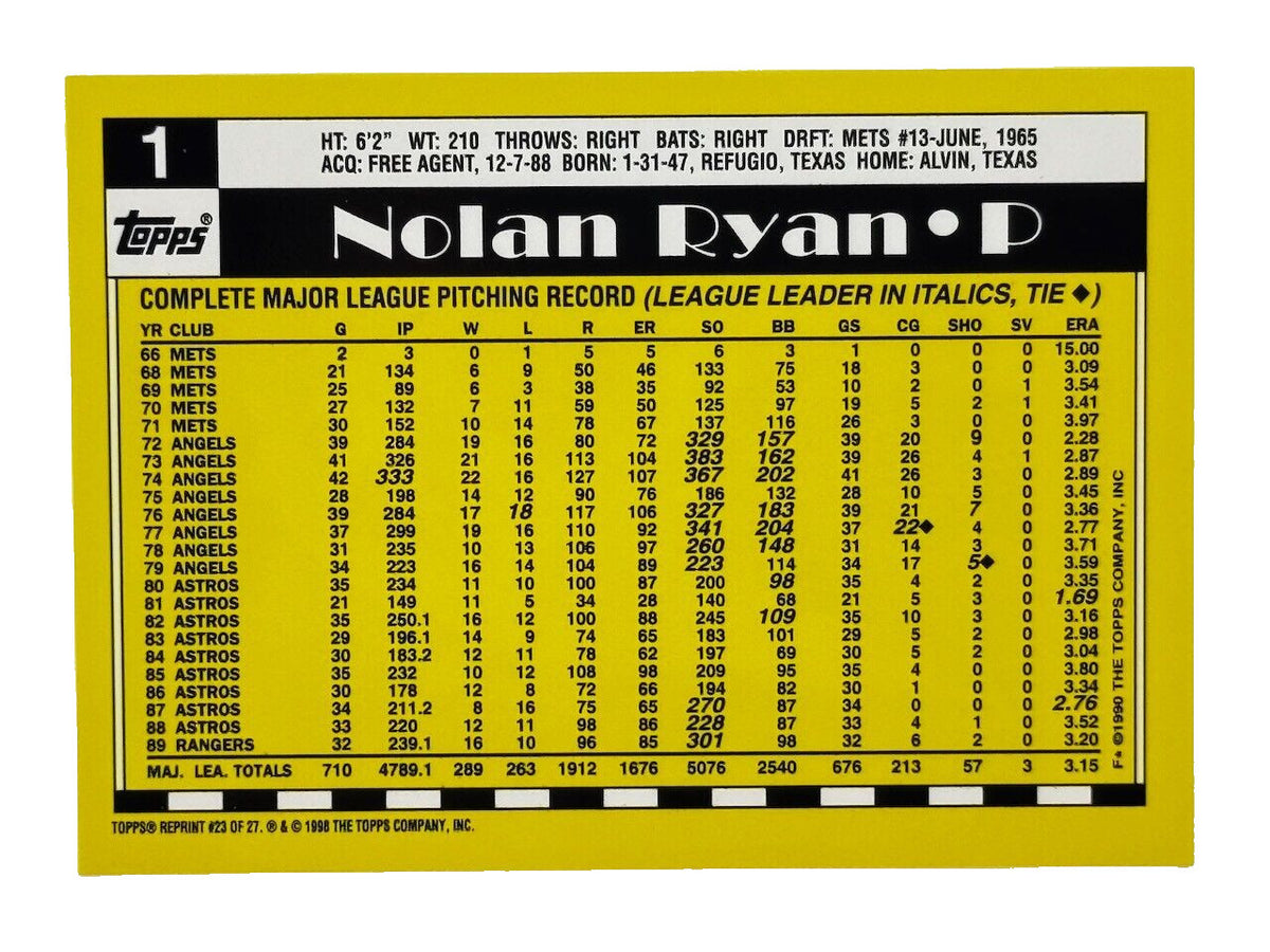 1990 Topps - #1 Nolan Ryan - HOF - MT