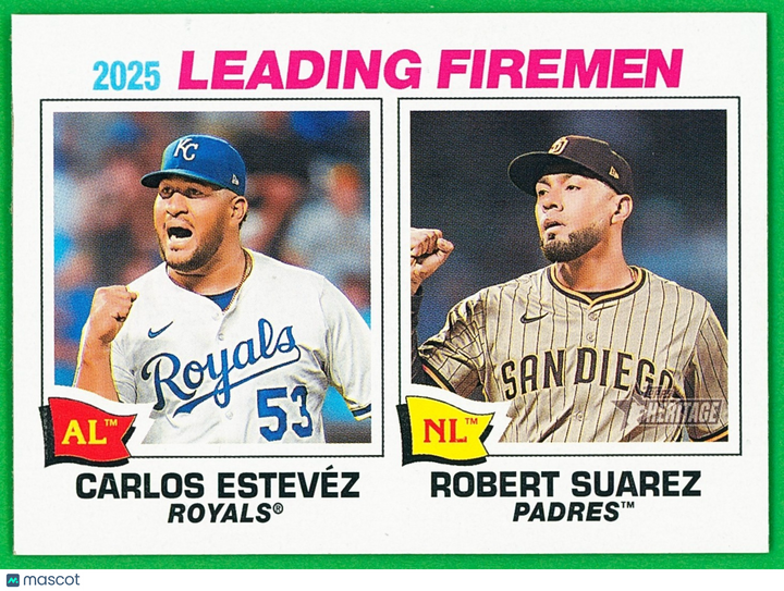 2026 Topps Heritage #8 2025 Leading Firemen - Carlos Estevez, Robert Suarez
