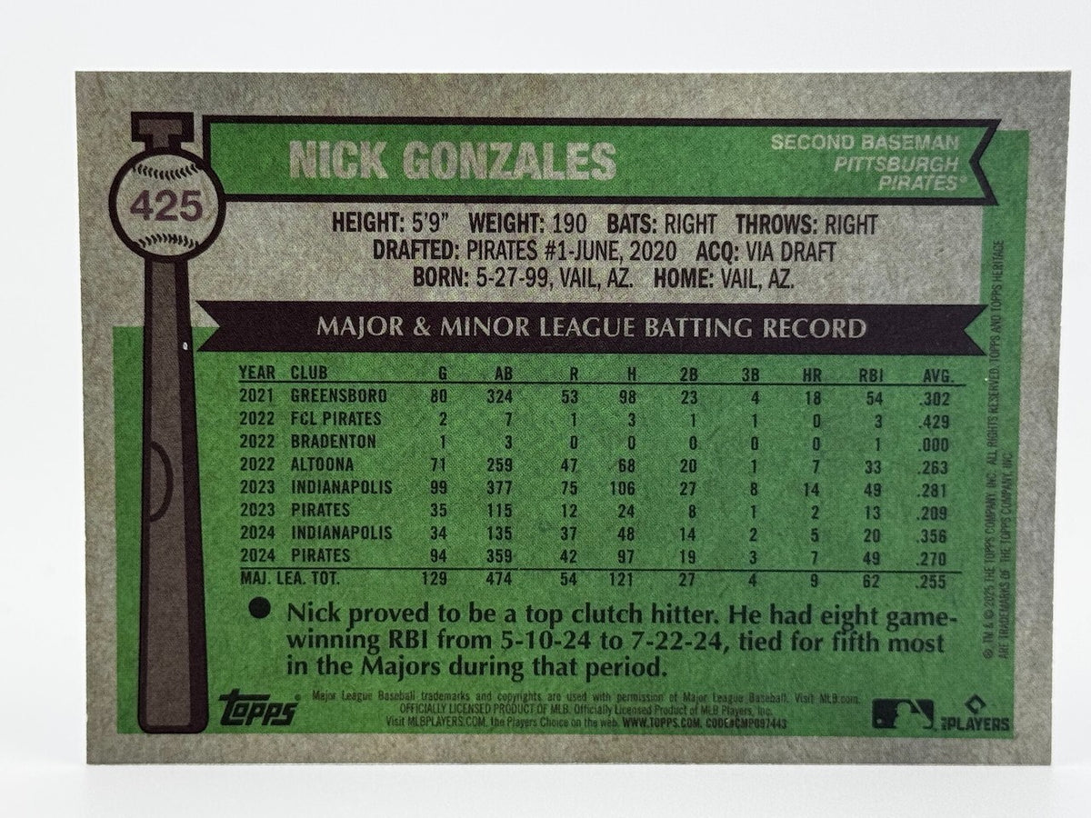 ⚾️ 2025 Topps Heritage #425 Blue Sparkle - Nick Gonzales - Pirates