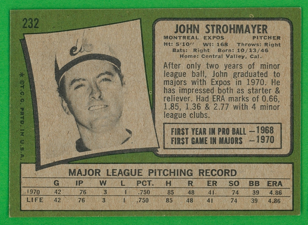 1971 Topps - John Strohmayer #232 (RC) Rookie EXNM