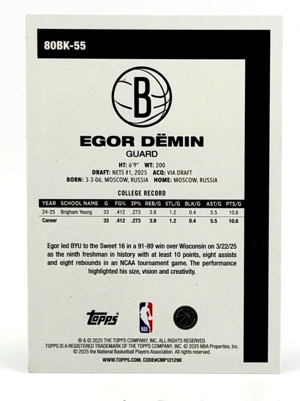 2025-26 Topps Basketball #80BK-55 1980 Topps 45th Anniv - Egor Demin (RC)