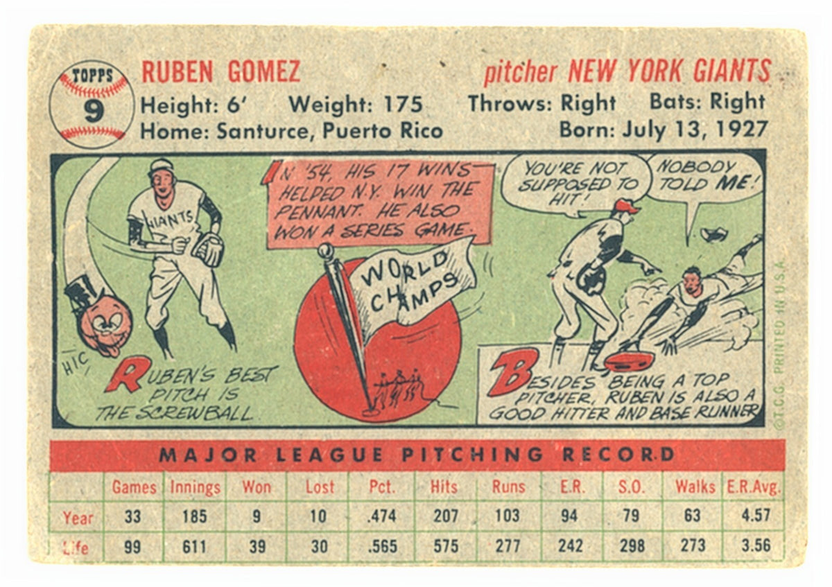 1956 Topps - Ruben Gomez #9 Gray Back - GD/VG
