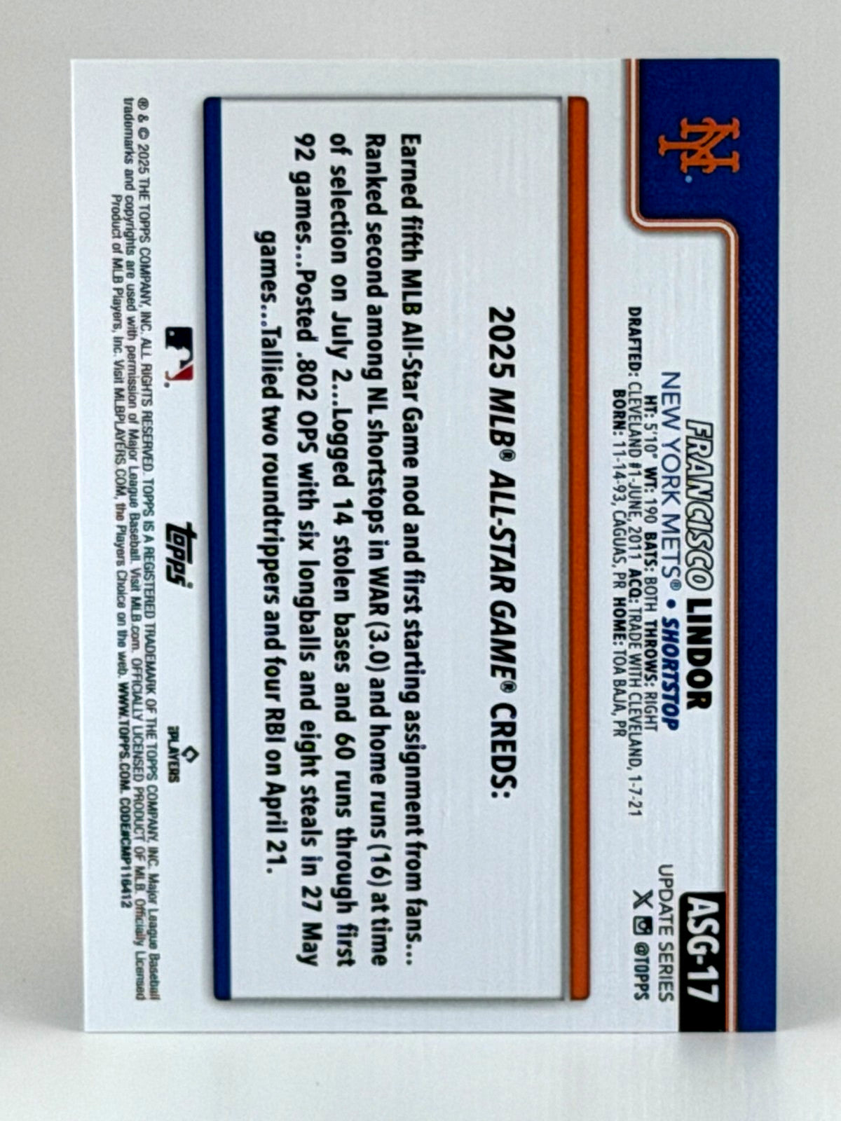 2025 Topps Update #ASG-17 Rainbow Foilboard Refractor - Francisco Lindor