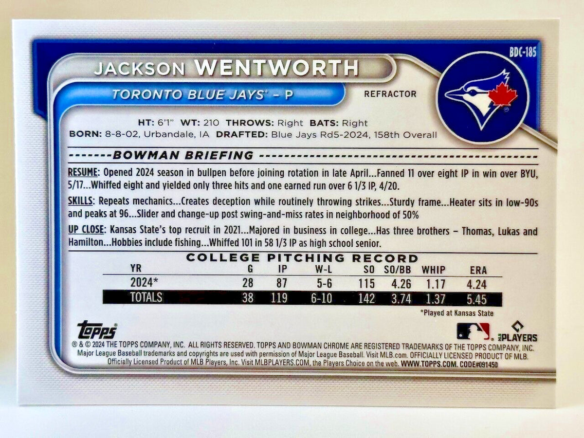 ⚾️ 2024 Bowman Draft Chrome REFRACTOR #BDC-185 Jackson Wentworth - Blue Jays ⚾️