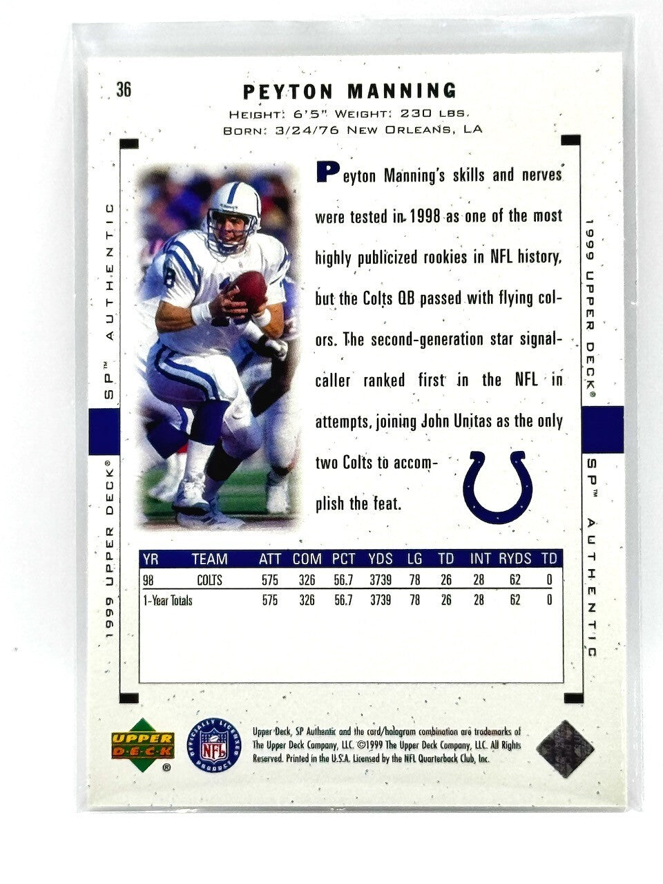 1999 SP Authentic - #36 Peyton Manning - Indianapolis Colts HOF