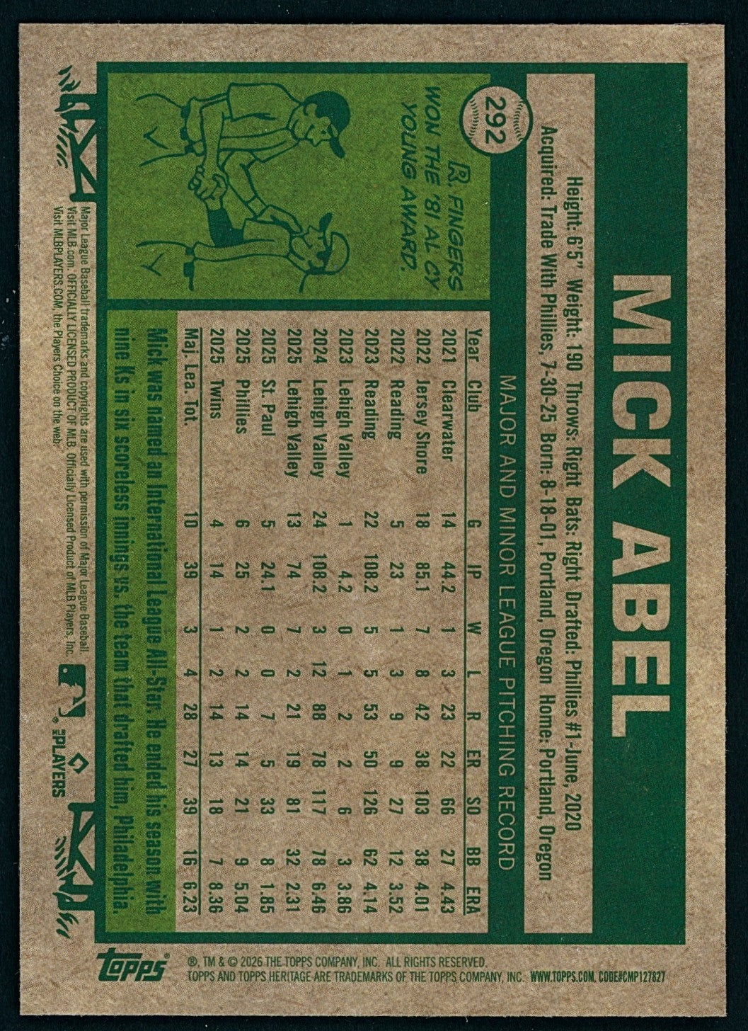 2026 Topps Heritage #292 Chrome Variation - Mick Abel