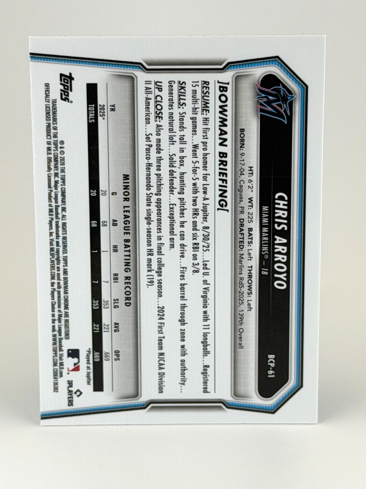 2026 Bowman Chrome #BCP-61 Chris Arroyo - Laser Refractor - 1st Bowman