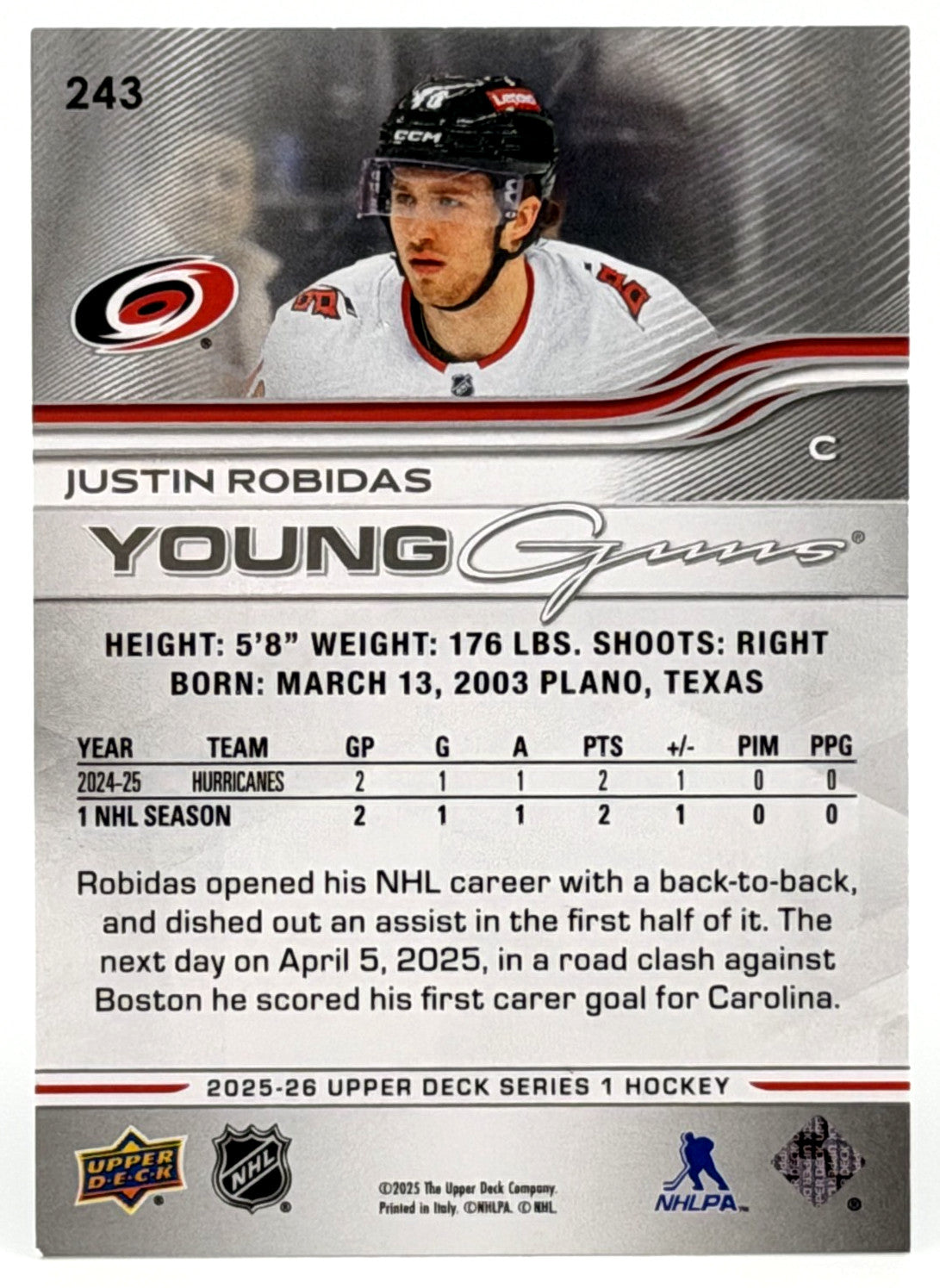 2025-26 Upper Deck Series 1 #243 Young Guns - Justin Robidas (RC) Rookie