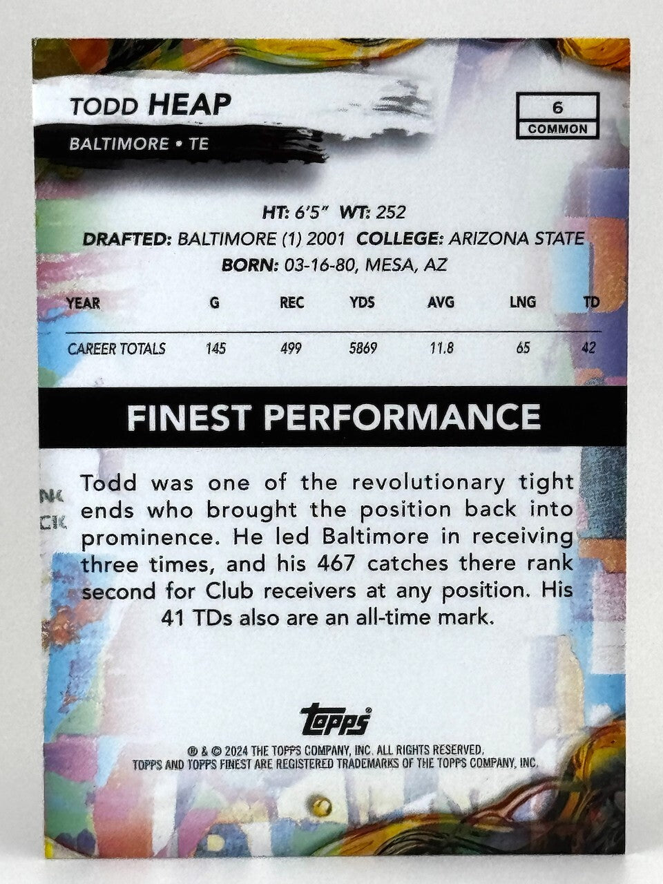 🏈 2024 Topps Finest #6 Purple Refractor (39/250) Todd Heap - Ravens