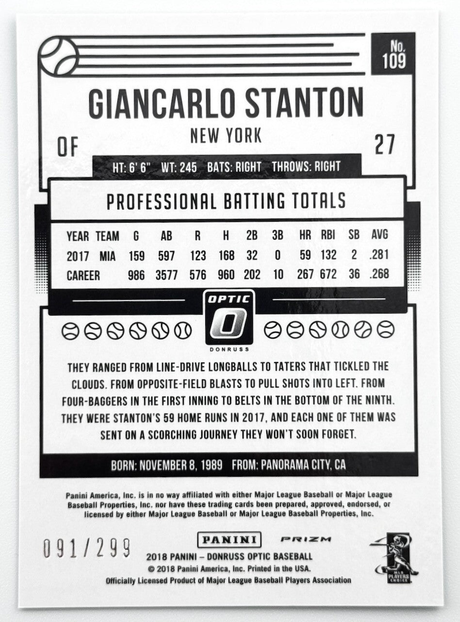 2018 Panini Donruss Optic AQUA Refractor /299 Giancarlo Stanton #109 - Yankees