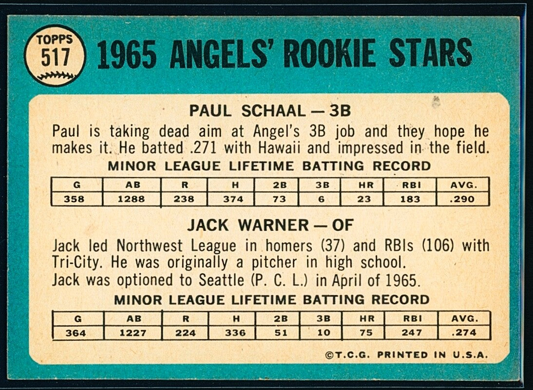 ⚾️ 1965 Topps - 1965 Rookie Stars Paul Schaal, Jackie Warner #517 (RC) EXMT