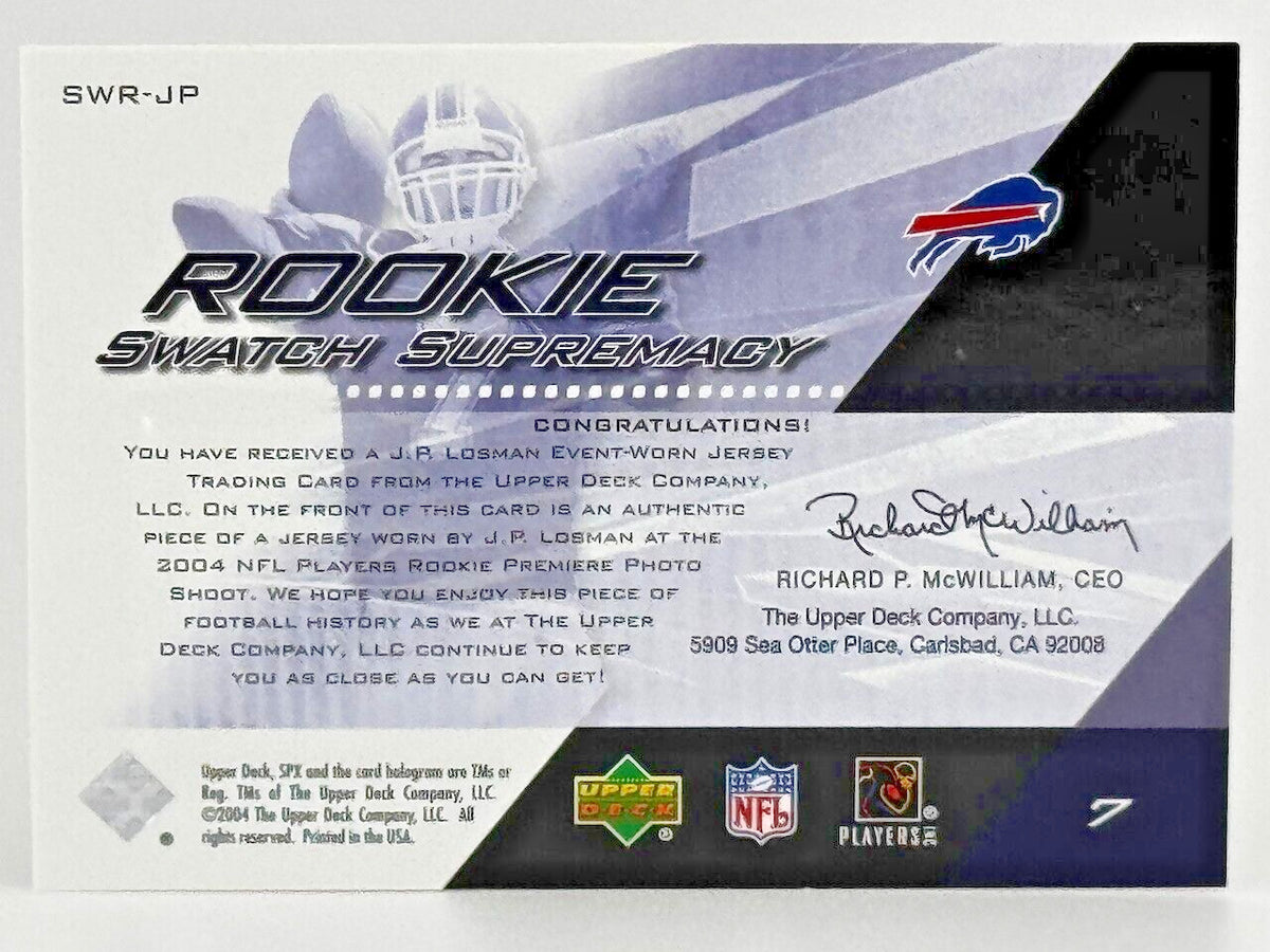2004 SPx #SWR-JP Rookie Swatch Supremacy - J.P. Losman (RC) Bills
