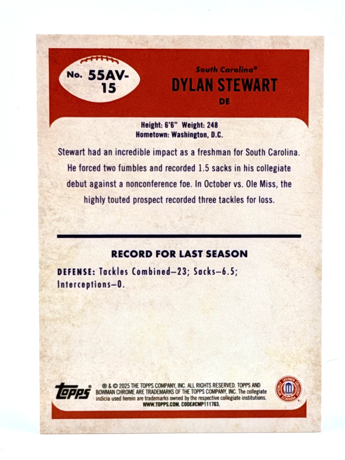 2025 Bowman U Chrome FB #55AV-15 1955 Bowman GOLD /50 Dylan Stewart 1:2676 Packs