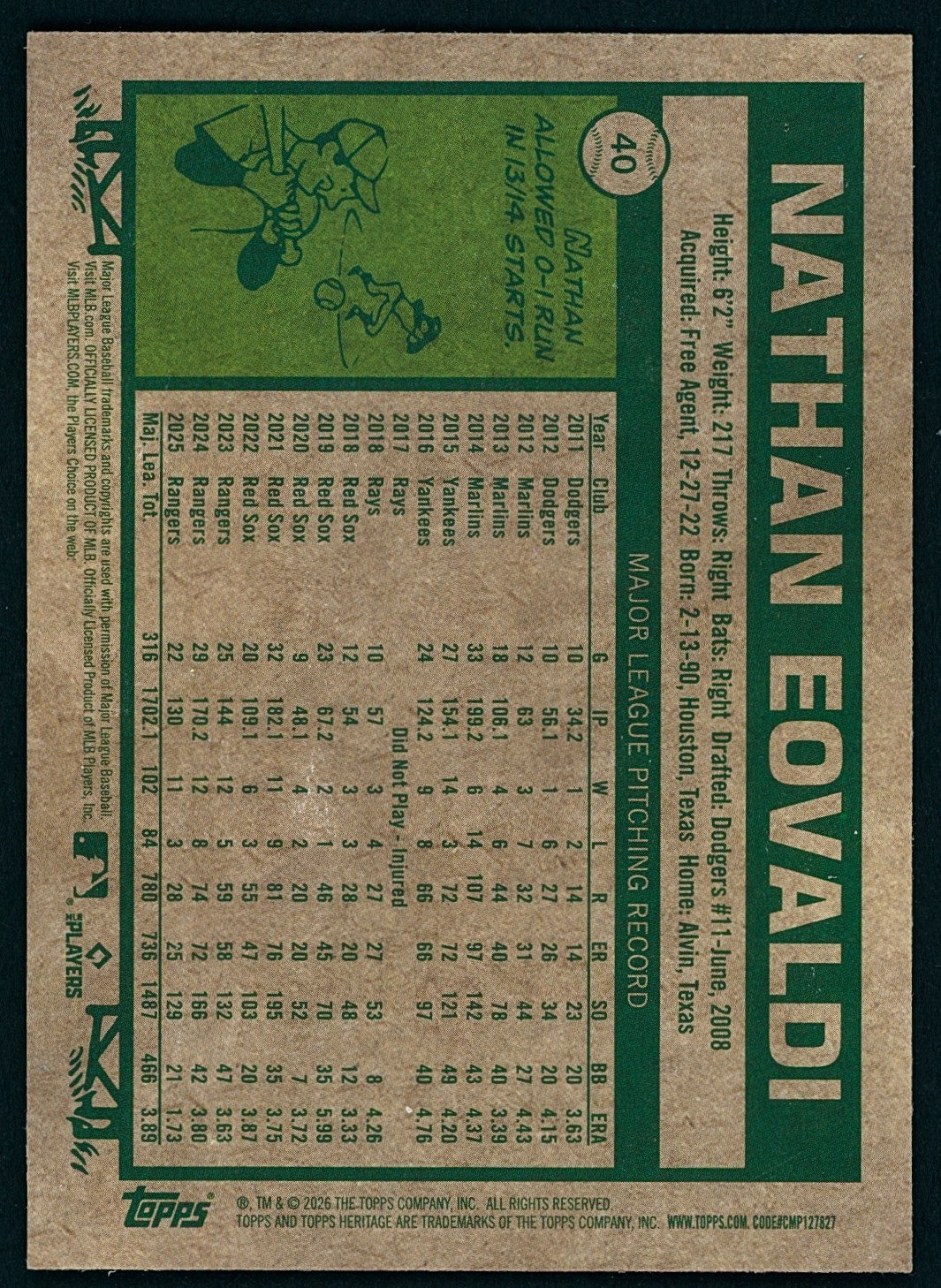 2026 Topps Heritage #40 Chrome Variation - Nathan Bovaldi