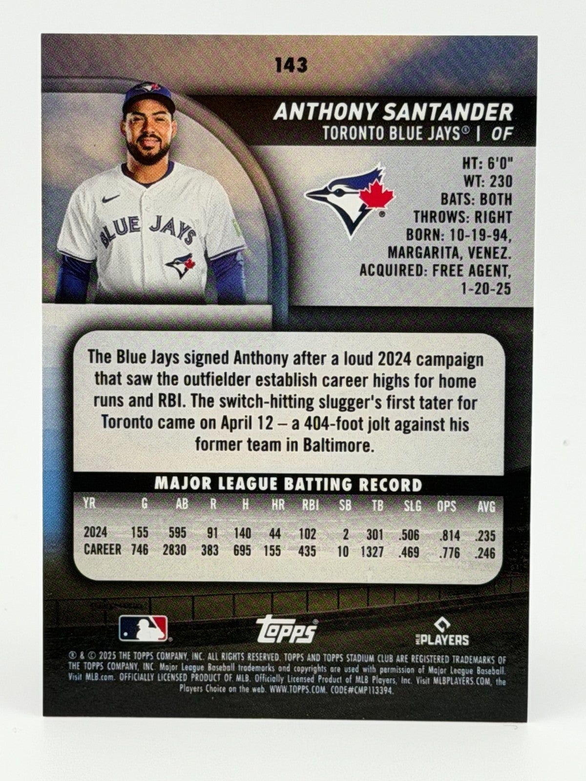 ⚾️ 2025 Topps Stadium Club #143 RED Parallel - Anthony Santander