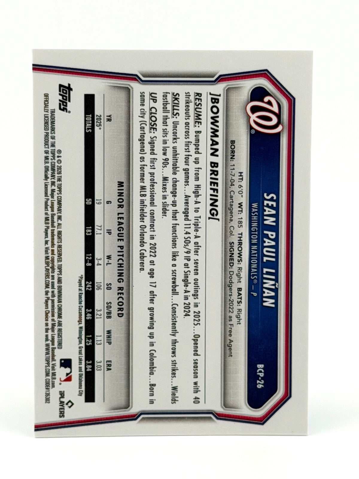 ⚾️ 2026 Bowman Chrome - Sean Paul Linan - Nats 1st Bowman #BCP-26