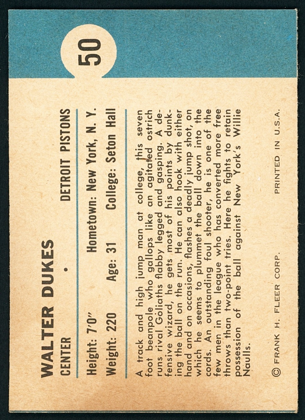 1961-62 Fleer SET-BREAK #50 Walter Dukes - In Action - NMMT