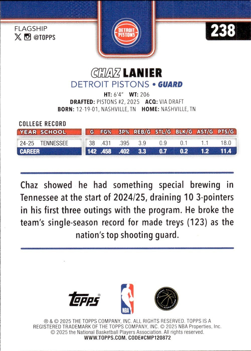 2025-26 Topps Basketball #238 Sand Glitter - Chaz Lanier (RC) Rookie