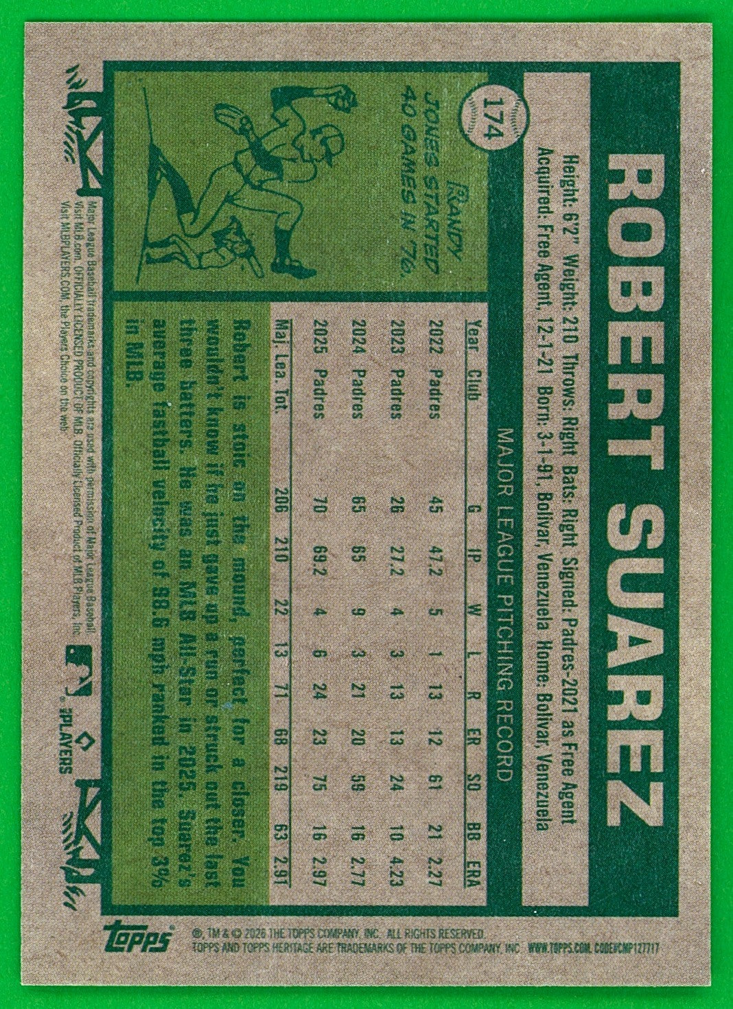 2026 Topps Heritage #174 Dark Gray Border - Robert Suarez - Padres