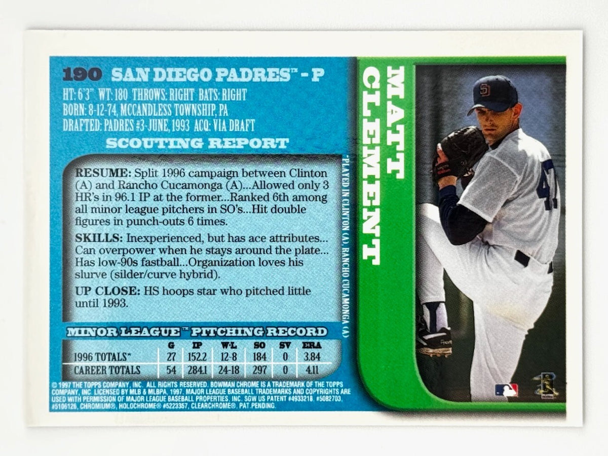 1997 Bowman Chrome Silver Foil Baseball Matt Clement #190 XRC - Padres
