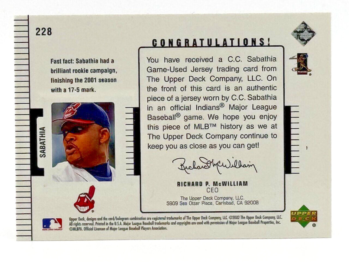 2002 Upper Deck Diamond Connection 536/775 Jersey Relic #228 C.C. Sabathia (HOF)