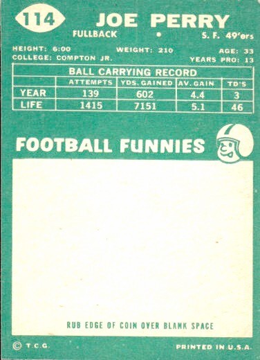 1960 Topps - #114 Joe Perry (HOF) - 49ers - EX+ (OC)