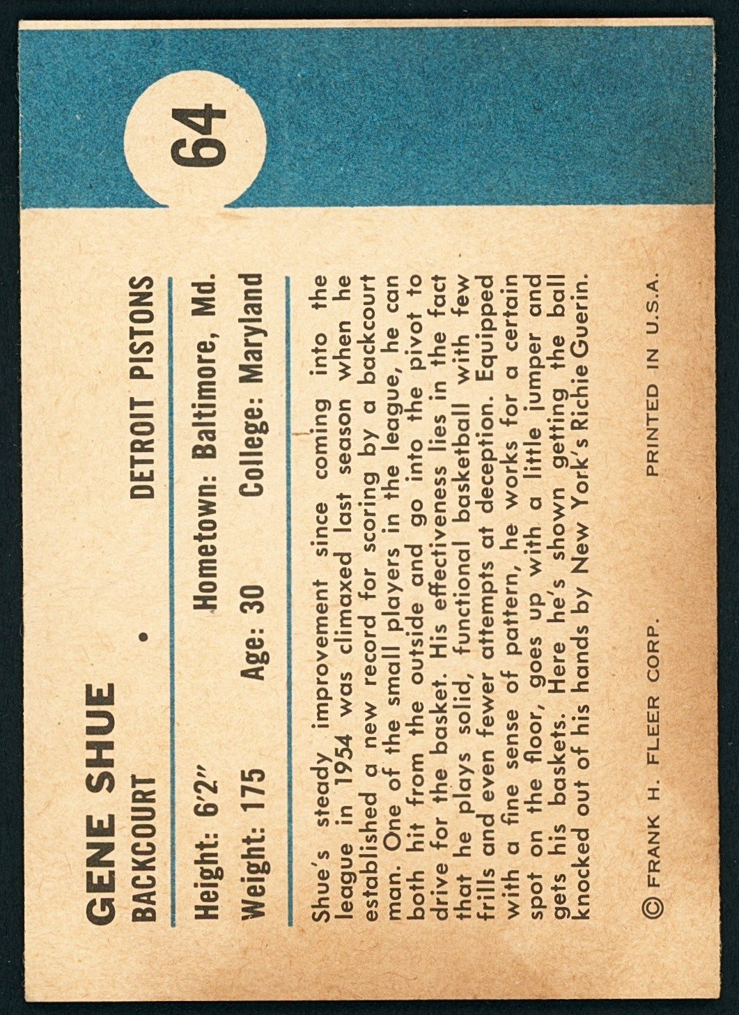 1961-62 Fleer SET-BREAK #64 Gene Shue - In Action - EX