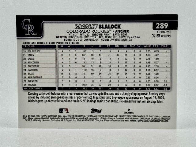 ⚾️ 2025 Topps Chrome #289 Bradley Blalock (RC) Rookie