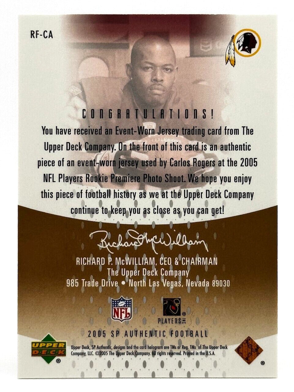 2005 SP Authentic #RF-CA Rookie Fabrics (18/100) Carlos Rogers (RC) Redskins