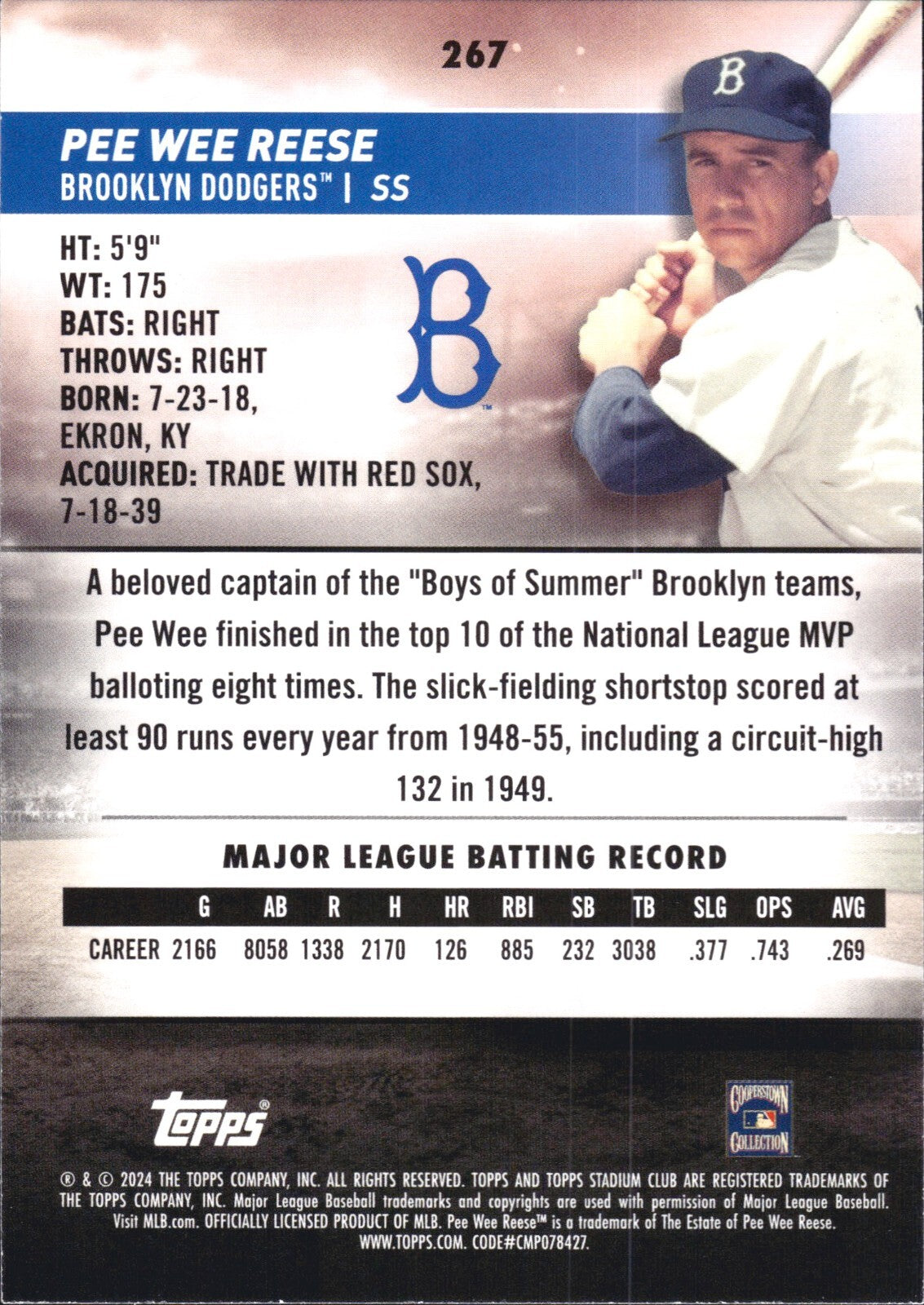2024 Topps Stadium Club #267 Pee Wee Reese (HOF) - Brooklyn Dodgers