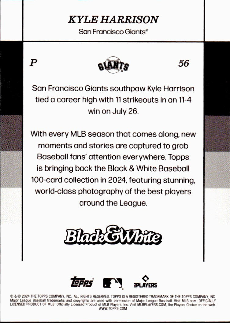 ⚾️ 2024 Topps Black & White Baseball #56 Kyle Harrison (RC) Rookie - Giants